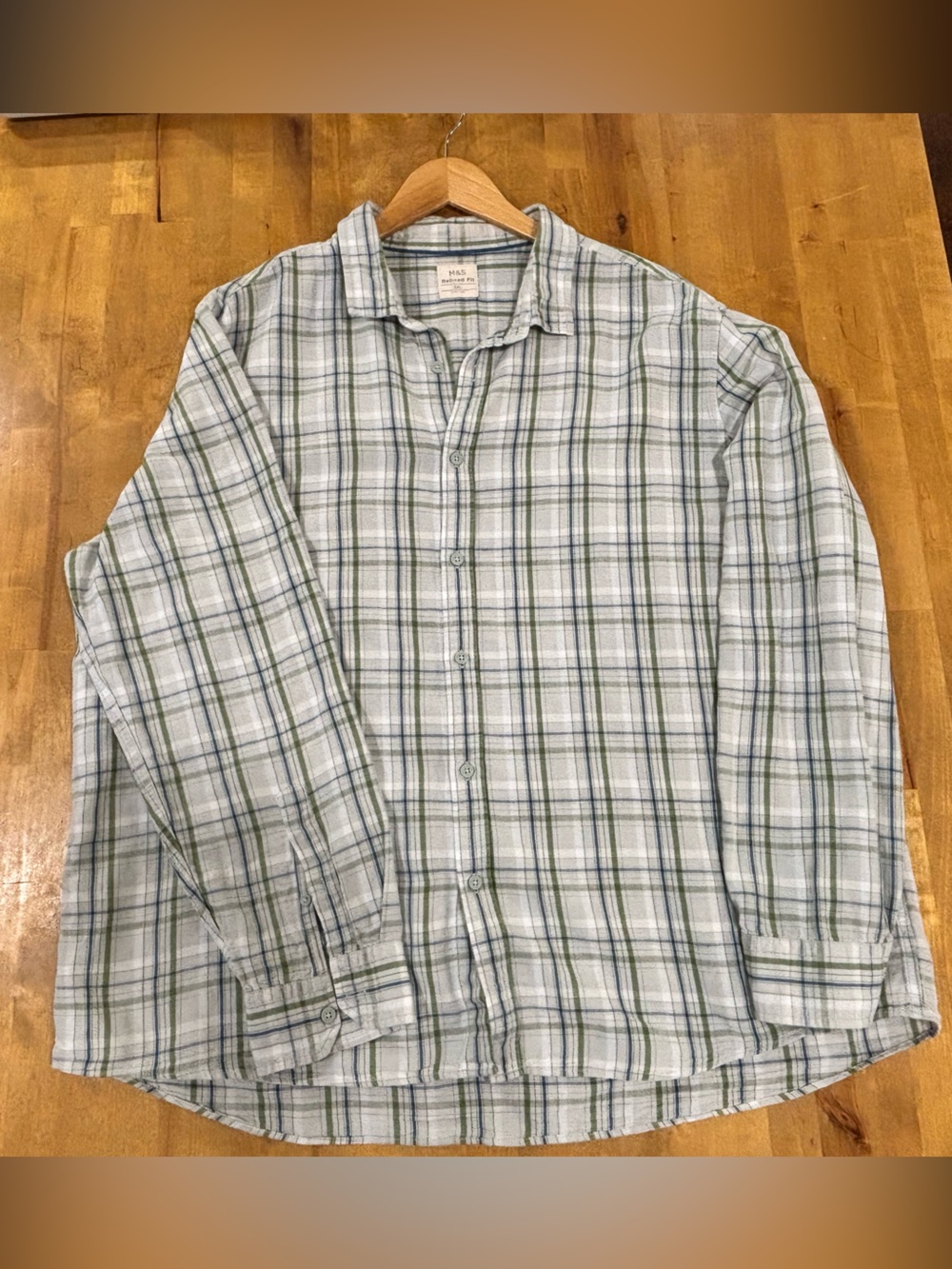 M&S Men’s 3XL Linen Cotton Plaid Shirt Relaxed Fit Light Green Blue